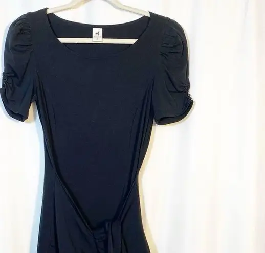 Peruvian Connection Sarong Tie Waist Puff Sleeve T-Shirt Dress Pima Cotton Black