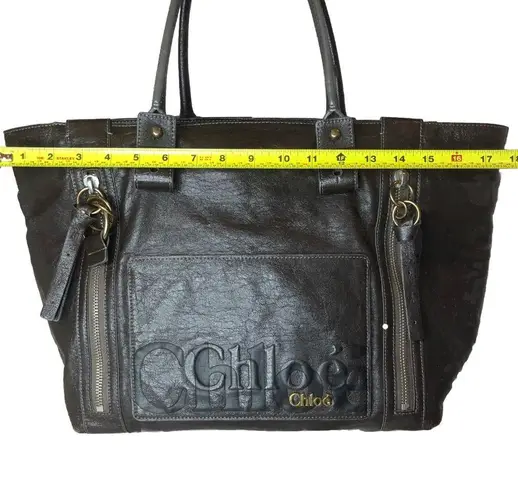 Chloé CHLOE Eclipse Oversized Metallic Grey Tote Shoulder Bag Top Closure Ext Pockets
