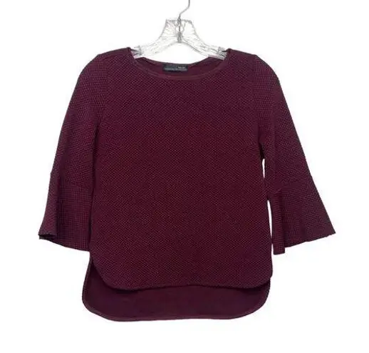 ZARA  Flared Waffle Knit Top High Low 3/4 Bell Sleeves Raw Hem S Maroon #2801
