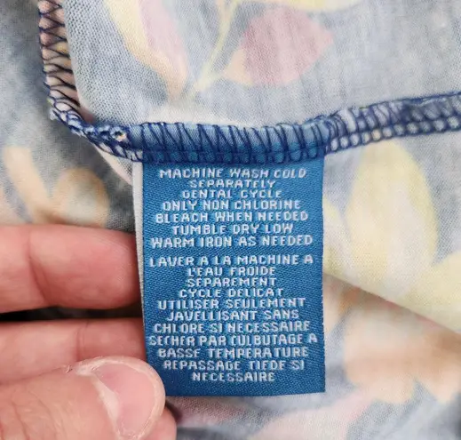 Caribbean Joe Women's Large Blue Floral Blouse 3/4 Sleeves Tie Detail NWT Cruise