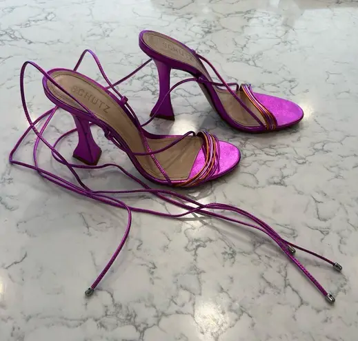 Schutz Arceli Metallic Magenta & Orange Strappy Open Toe Heels Size 8