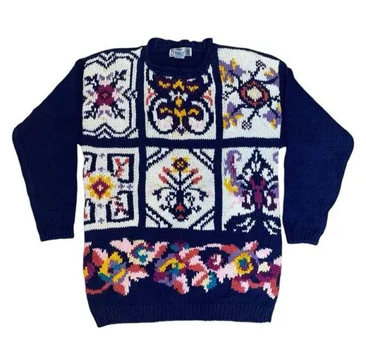 Vintage 80s 90s Blue Floral Granny Square Tile Oversized Crewneck Knit Sweater Size M