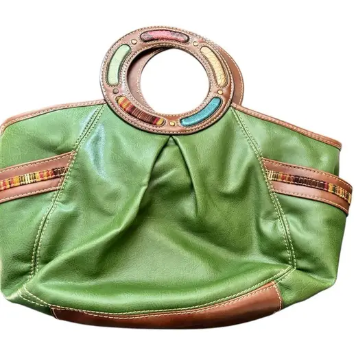 Relic VTG 80’s Green Leather Clutch Round Handle Handbag Side Pockets Snap Close