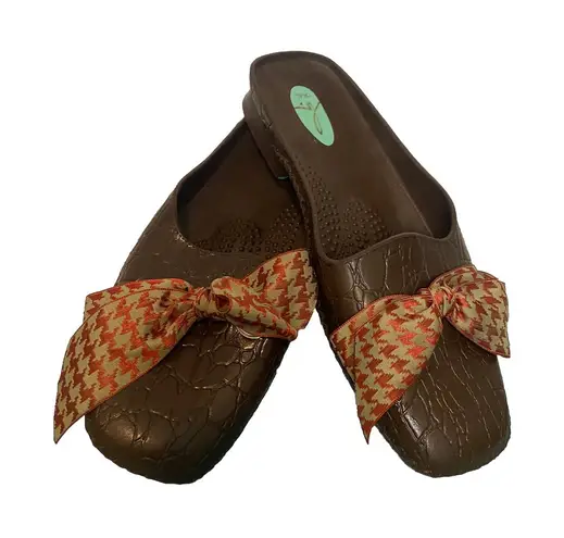 Oka b Womens M (8) Brown Green Bow Snake Skin Mules Flats Okabashi