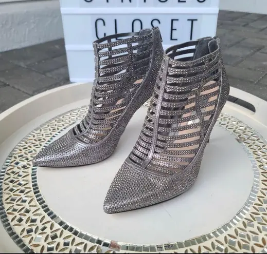 INC Kacela2 Caged pewter/silver rhinestone high heel booties sz 7.5