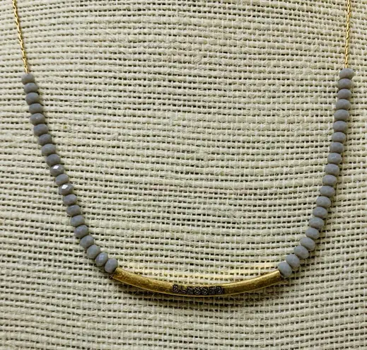 Bella Canvas Brushed Gold Blessed Bar & Gray Glass Bead Necklace 