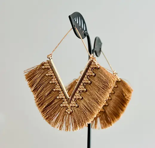 Brand New Tan Fringe Chevron Dangle Gold Tone Earrings Costume Jewelry Buy 3/$21