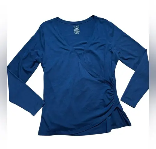 LL Bean Navy Long Sleeve Faux Wrap Ruched Top Clean Girl Essential Sz L Blue Size L