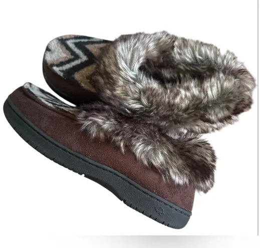 Slipper Shoes Brown Tan Faux Fur Trim Size US Size 8 Indoor/Outdoor Soles. NWOT