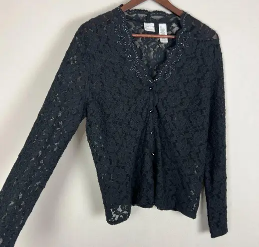 Emma James Cardigan Womens Large Black Lace Button Up Scallop Beaded Long Sleeve