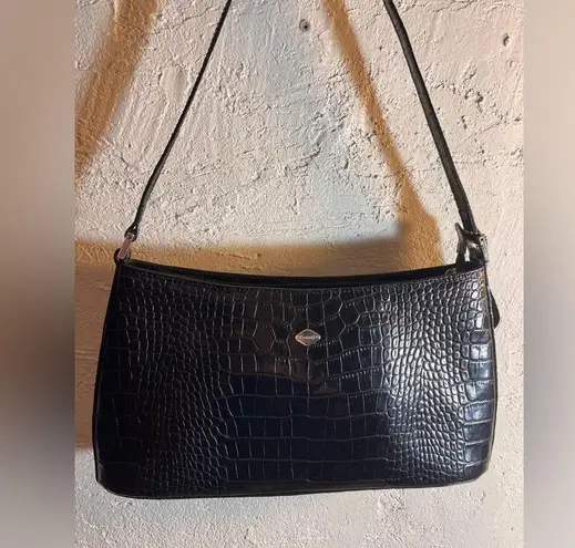 Black Croc Embossed I Santi Leather Shoulder Bag Italy classic minimalist luxury