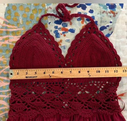 LILBETTER XS Red Wine Burgundy Crochet Lace Maxi Halter Neck Backless Dress NWT