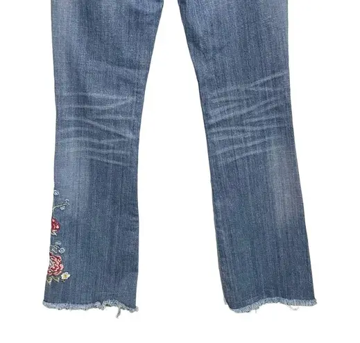 Driftwood Eva Boho Floral Embroidered Frayed Hem Flare Denim Jeans Sz 26