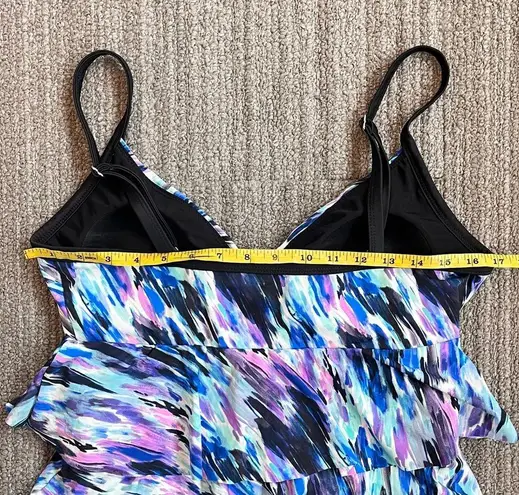 Tiered Swimsuit One Piece Fauxkini Watercolor Tummy Thinner 14 Blue