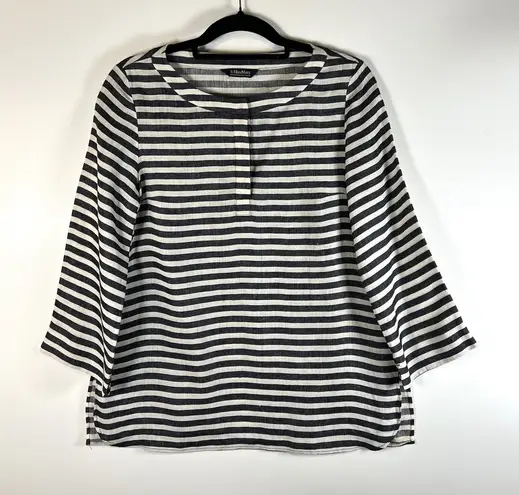 Max Mara S Striped Linen Top Tunic 3/4 Sleeve 1/4 Front Button Size Medium