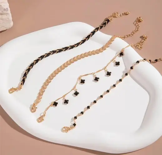 NEW Black & Gold Bracelet Set – Beaded & Chain Layered Stackable Jewelry