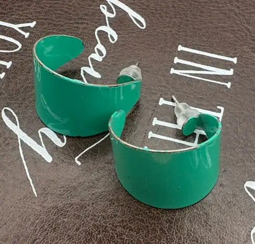 Vintage Green Enamel Half Hoop Earrings 80s 90s Retro Minimalist