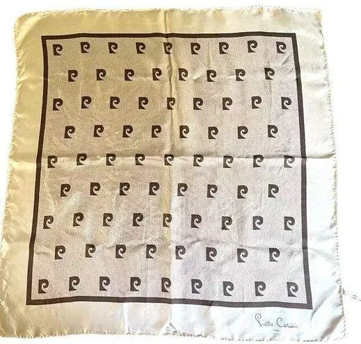 Pierre Cardin Vintage 70s Paris Signature Logo Silk Scarf Brown Ivory 25 x 26