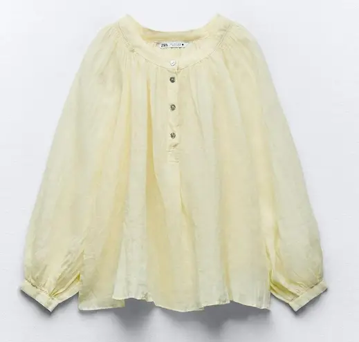 ZARA NWT Medium Boho Relaxed 100% RAMIE Linen Balloon Yellow/ Cream Top Blouse