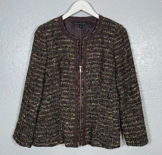 Lafayette 148 Women 6 Brown Tweed Zip Up Blazer Suit Jacket Quiet Luxury Career