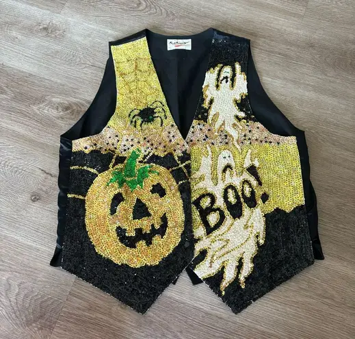 Vintage Fashion Fantasy Vest Black Sequined Halloween Vest Orange Size L