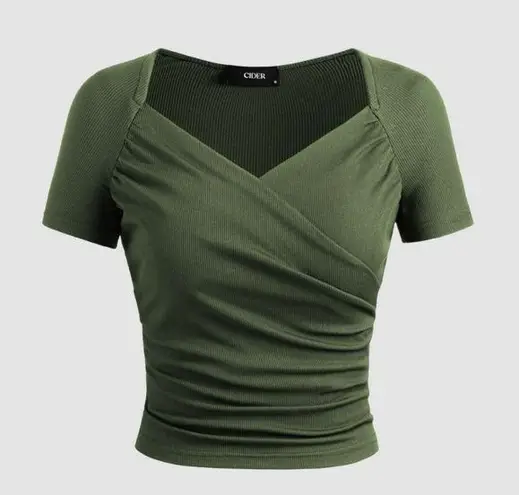 Cider Olive Green Faux Wrap Jersey Short Sleeve T Shirt