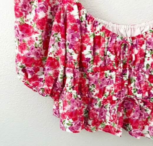 WAYF | Avra Floral Puff Puffed Sleeve Crop Top Corset Style Pink Red | Size XL