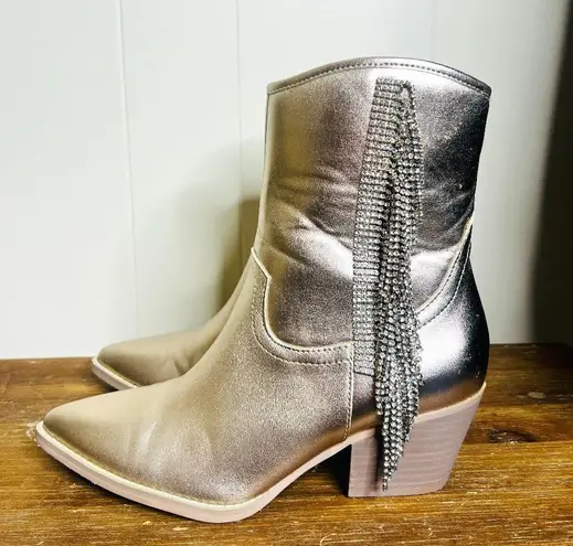 ROWAN Metallic Champagne Rhinestone Fringe Western Booties Rodeo Concert 7.5 Gold