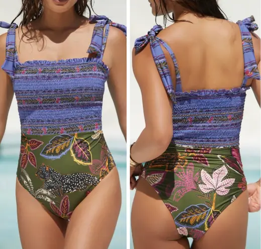 Farm Rio NWT Smocked Shoulder Tie One Piece Swimsuit, Size XS