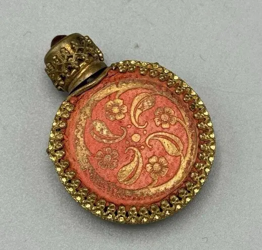 Vtg Mini Filigree Pink Ornate Perfume Glass Bottle with Brass Cap Glass Dipstick Size 0