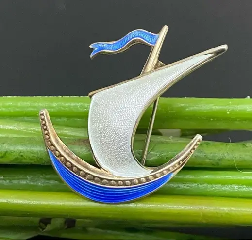 intage Ivar T Holth Norway 925 Sterling Silver Guilloche Enamel Sail Boat Brooch Blue