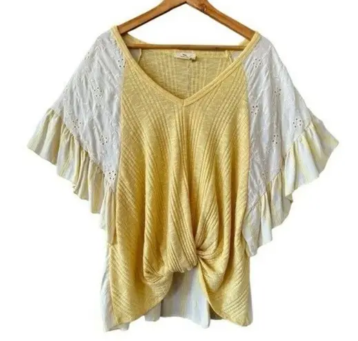 Hummingbird Eyelet Lace Ruffle Sleeve Yellow Knot Front Top Size M NEW