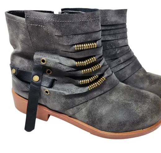 Retro Round Toe Ankle Combat Boots Faux Leather Side Zip Pull On Gray Size 41 Black