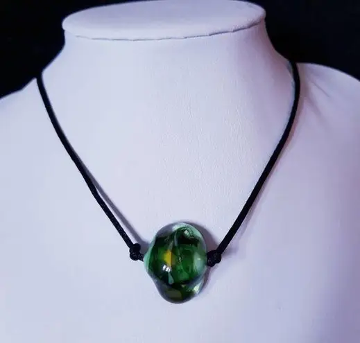 Hand Crafted Necklace Green Glass Bead Silk Cord