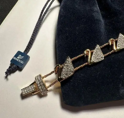 Swavorski Signed Swarovski Crystal Double Chain Tennis Bracelet Swans 7 1/4 Inch In Pouch