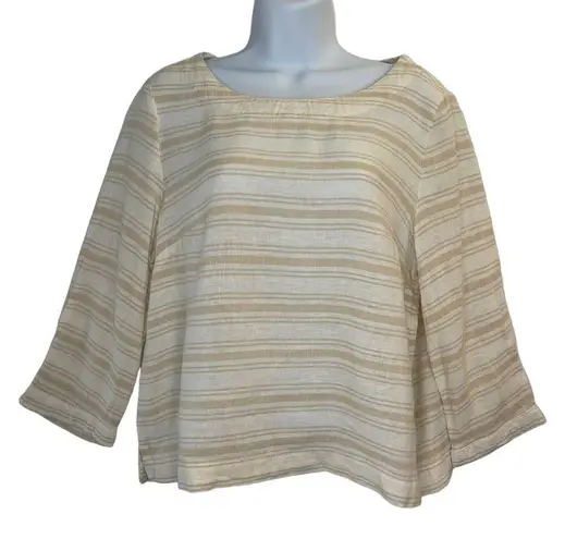 Sigrid Olsen Blouse Small Linen Boatneck Beige Ivory Stripe Boxy Fit 3/4 Sleeve