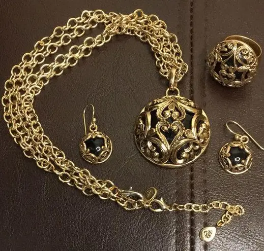 Onyx BARSE Bronze & Black Double Necklace Scroll Cage Pendant Earrings & Ring