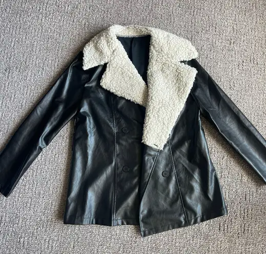 Black Leather Jacket Teddy Lined Size XS