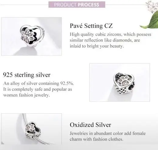 925 Sterling Silver Heart Pet Paw Pendant For Bracelet Beaded Necklace