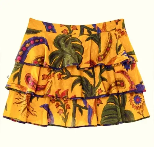 Farm Rio | Yellow Tropical Tapestry Mini Skirt | Tiered | Size Medium - NWT