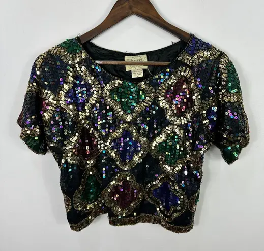 Vintage SNF Silk Sequin Beaded Top M Multicolor Geometric Whimsigoth Disco Party Size M