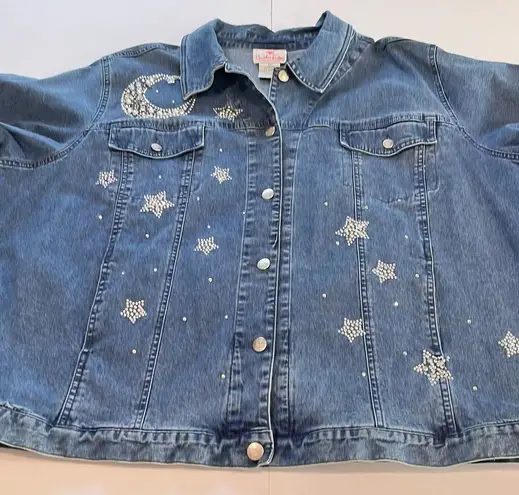 Quacker Factory  Denim Rhinestone Beaded Moon Stars Celestial Jean Jacket Size 3X