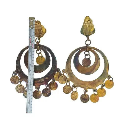 Vintage Arabic Coins Copper Tone Chandelier Dangle Earrings Clip On Oriental