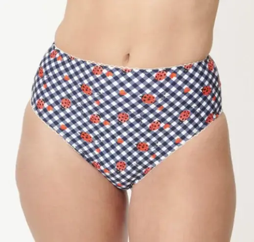 Unique Vintage Navy Gingham & Ladybug Print Daphne Swim Bottoms, Size 1X