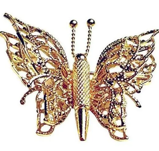 Monet Vintage  BUTTERFLY BROOCH Pin Gold Filigree 1-5/8” Double Wing Signed