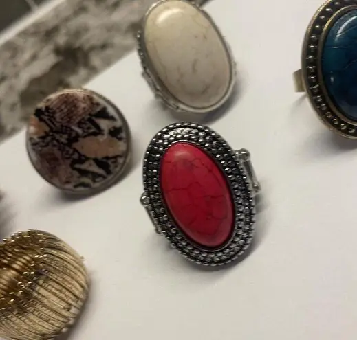 Lot Of 6 Adjustable / Stretchy Statement Costume Rings