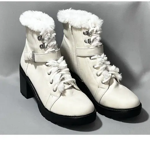 Esprit Espirit Leather Blend Chunky Zip Lace Up Boots Faux Fur Trim Sz 8.5 M