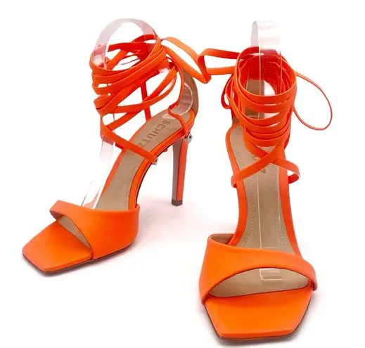 Schutz NEW Bryce Leather Stiletto Sandals Acid Orange Lace-Up Sandals Size 5
