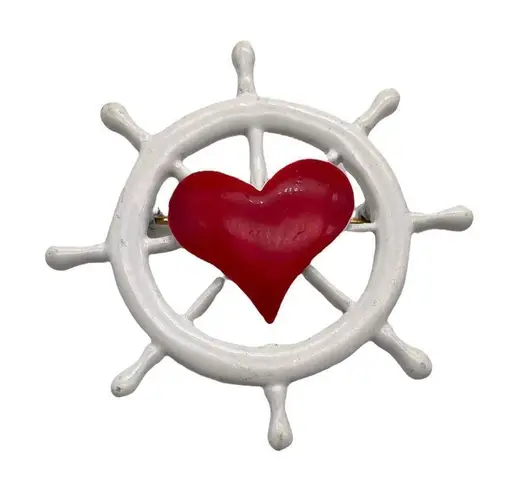 Vintage enamel helm wheel nautical brooch pin marine Hearts love White