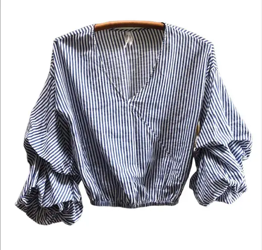 Live 4 Truth Blue and White Striped Ruffle Sleeve Cropped Bandolier Top Size XS